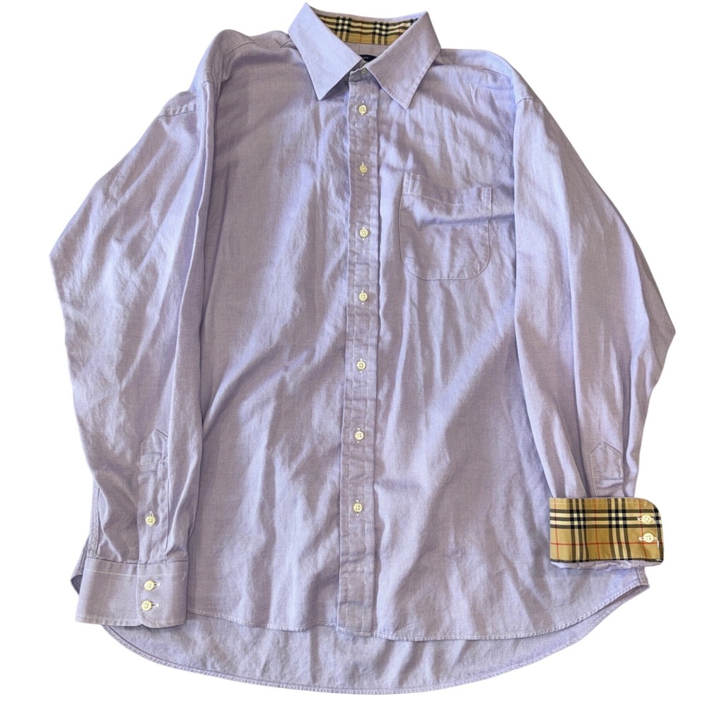 Burberry London Mens Lavender Oxford Shirt Nova Check Flip Cuff Size 17 L USA